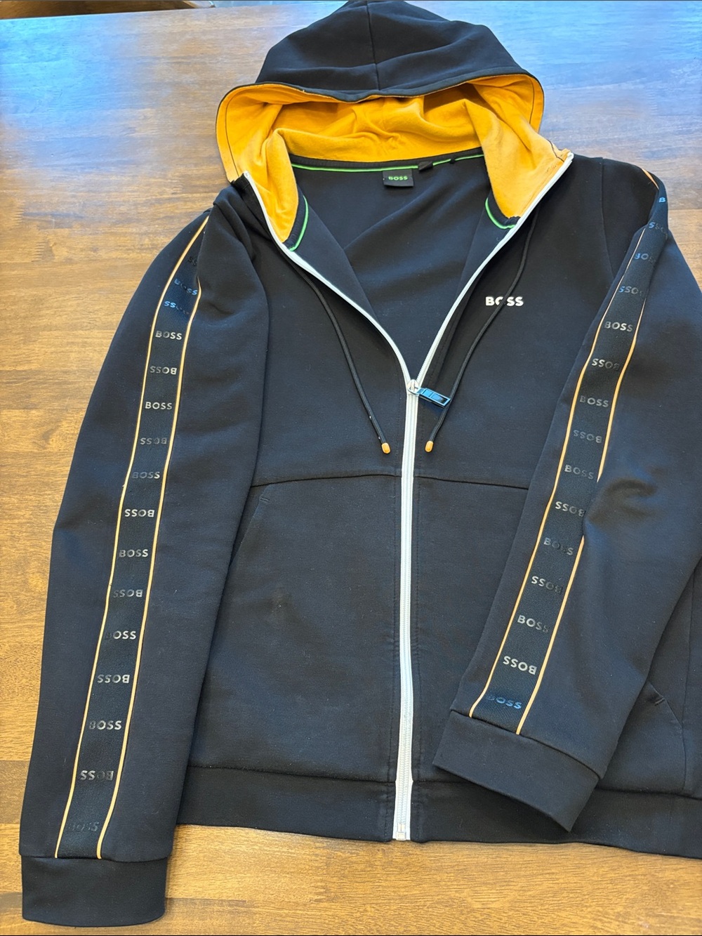 BOSS Black Zip-Up Hoodie with orange Hood Lining